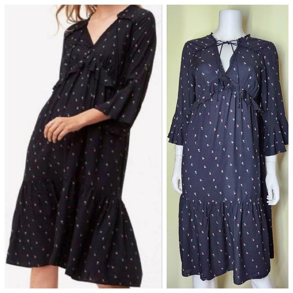 Loft Ruffle Flounce Midi Floral Dress Medium Black Bell Sleeve Boho Romantic - Picture 1 of 15